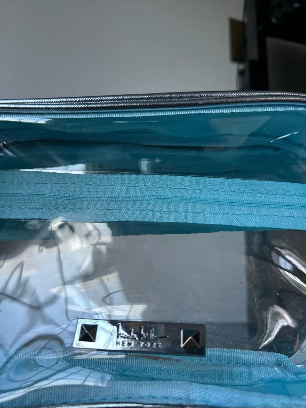 Nicole miller nyc Clear Travel Cosmetic Case with Light Blue Trim